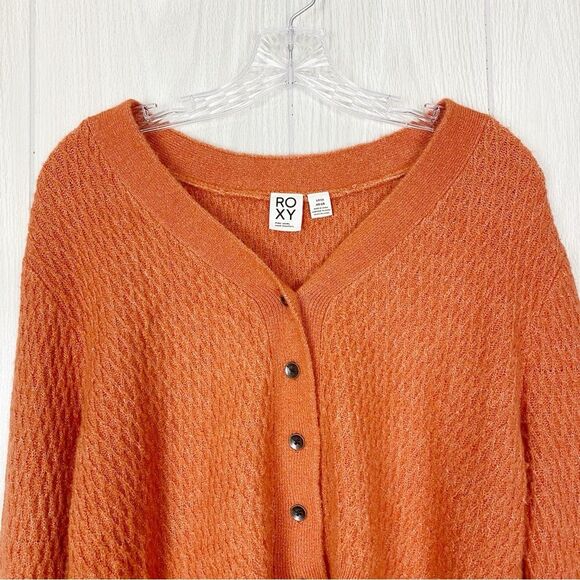 Roxy | Burnt Orange Metallic Button Front Cropped Knit Cardigan Size Small - Picture 3 of 12